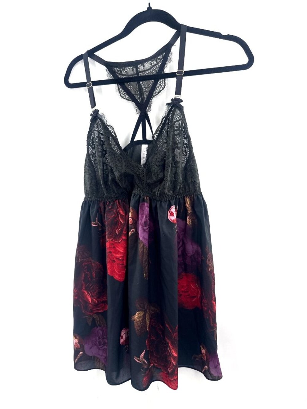 Cacique Lace & Floral Babydoll Slip Dress Size 14/16 Black Sexy Romantic